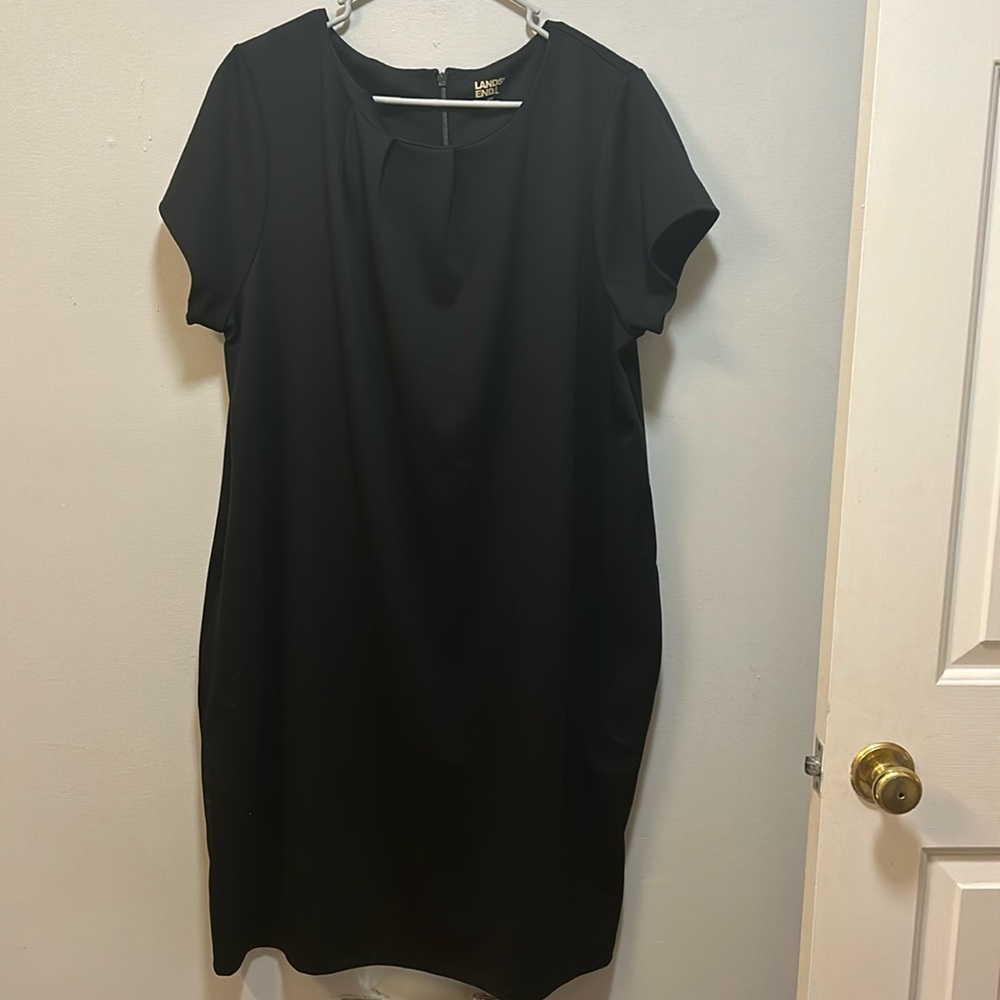 Short sleeved black dress from Lands End. Size 18W. Cute with a belt!